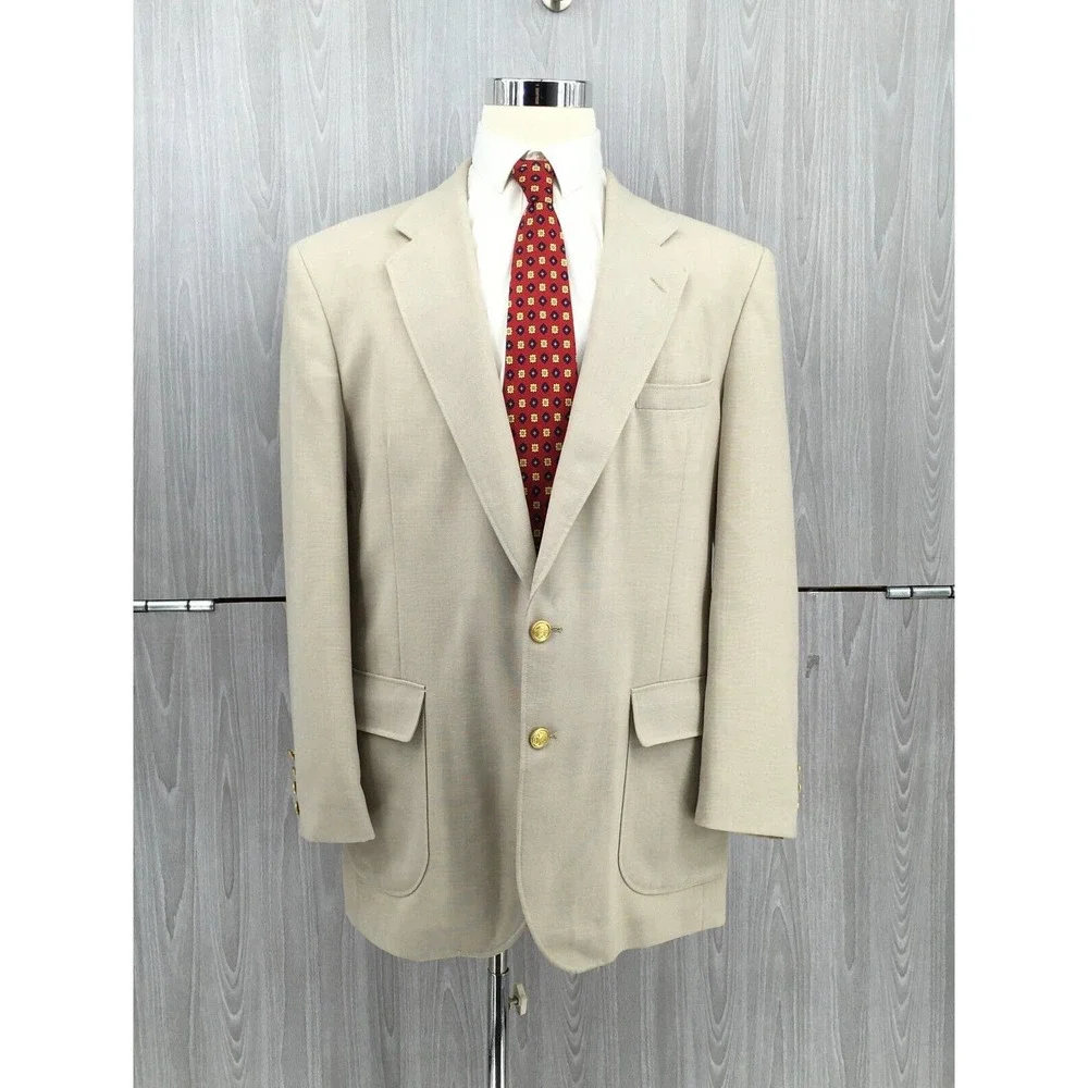 John Weitz Mens Beige Hopsack Blazer Gold Crest Buttons Sport Coat Tan